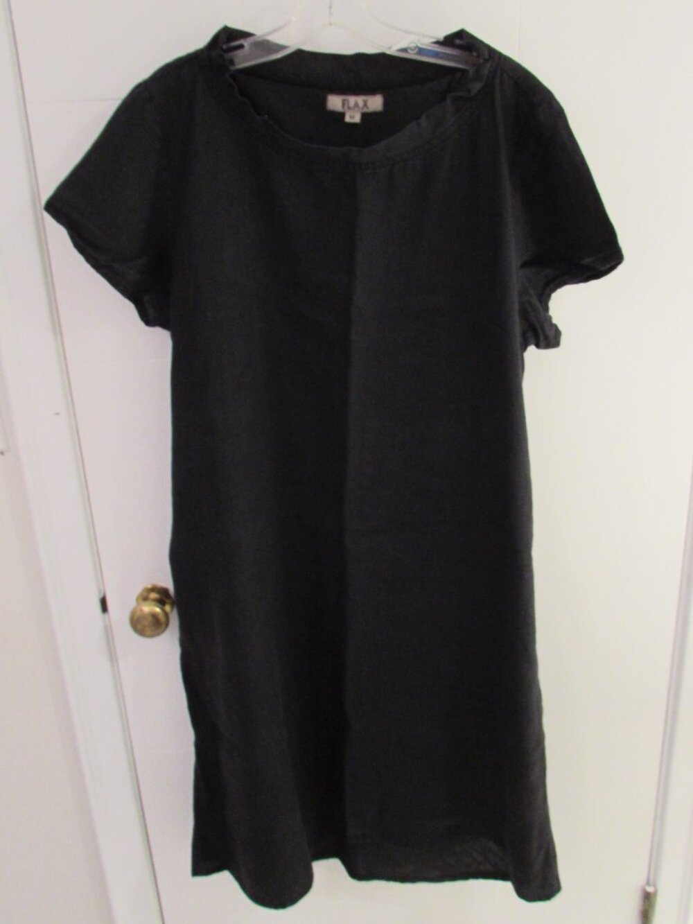 FLAX Black 100% Linen Midi Dress Pockets Notched Collar Medium